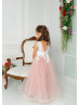 Ivory Lace Mauve Tulle Beaded Flower Girl Dress